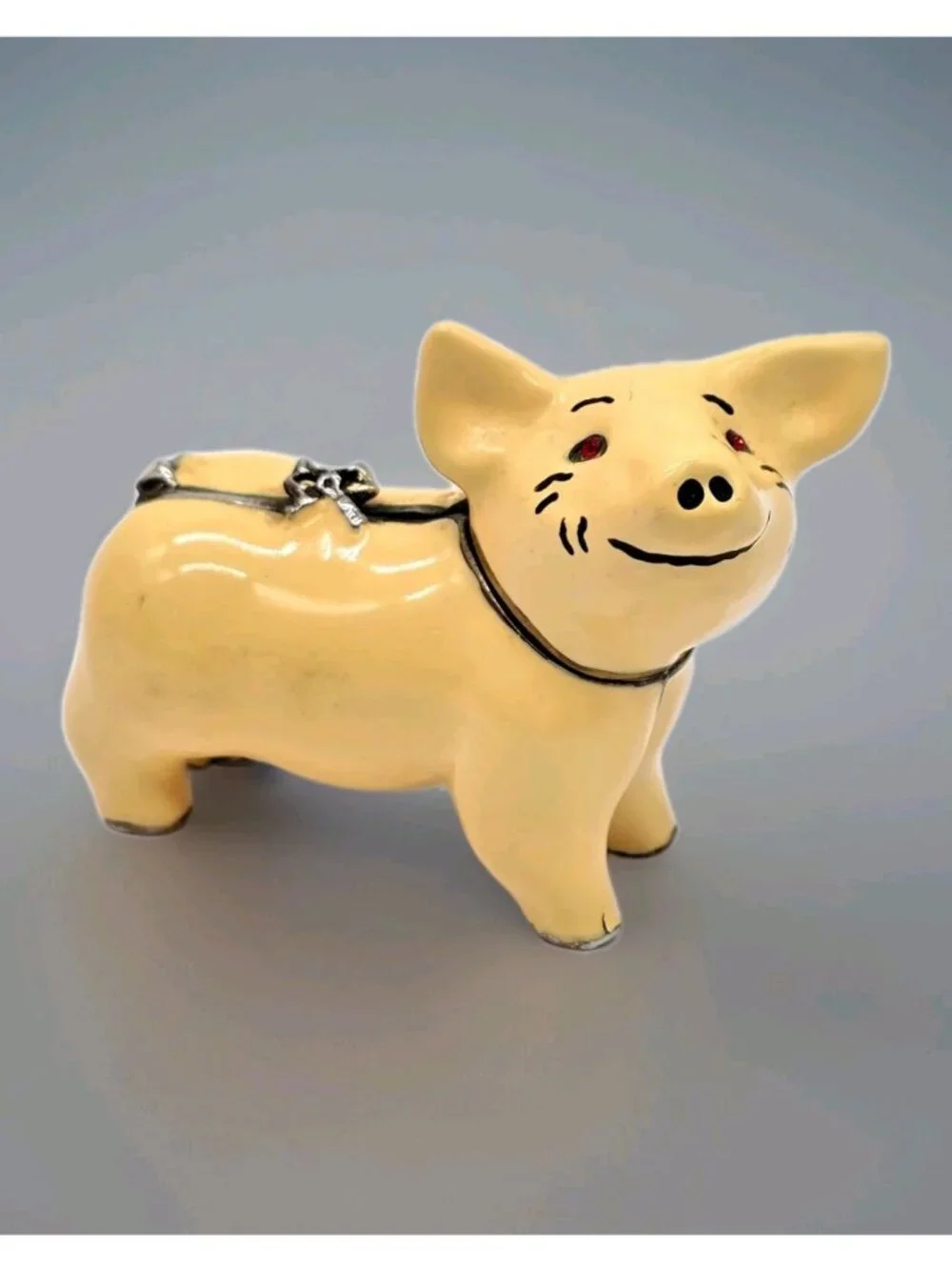 Enamel Hinged Pig Trinket Box Magnetic Closure Vintage Farmhouse Country Swine